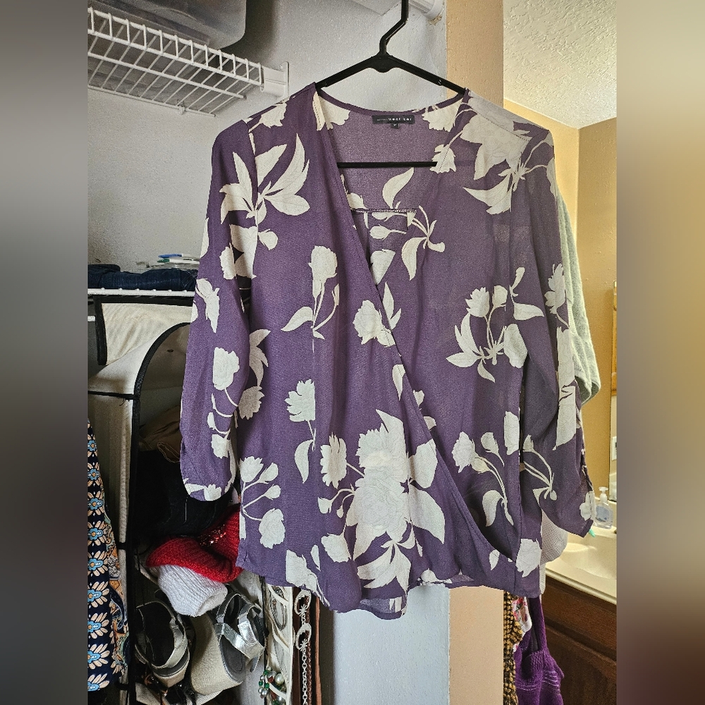 West Kei Cross Over Semi Sheer Floral Purple Long Sleeve Blouse Size: Medium